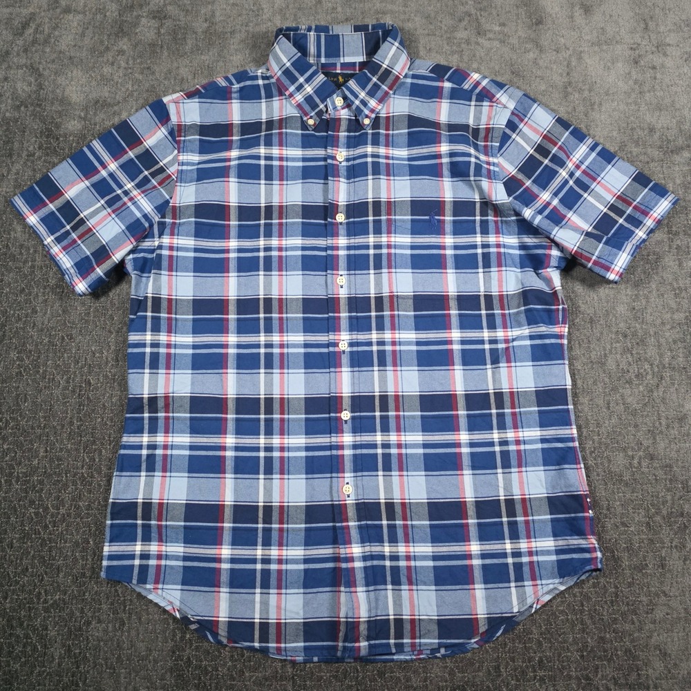 Ralph Lauren Mens Slim Fit Plaid Short Sleeve Button Down Shirt Blue Large :